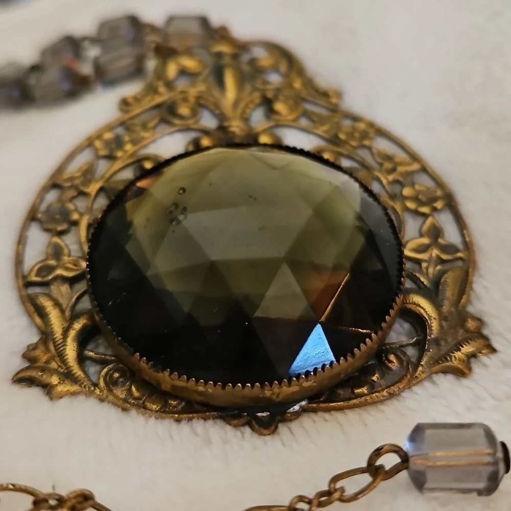 Antique Floral Repousse Czech Crystal Pendant Beaded Choker Necklace